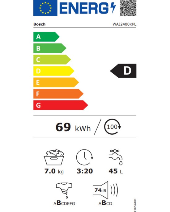 Πλυντήριο ρούχων Bosch Serie 2 WAJ2400KPL Ανεξάρτητο μπροστινό φορτίο 7 kg 1200 RPM D Λευκό